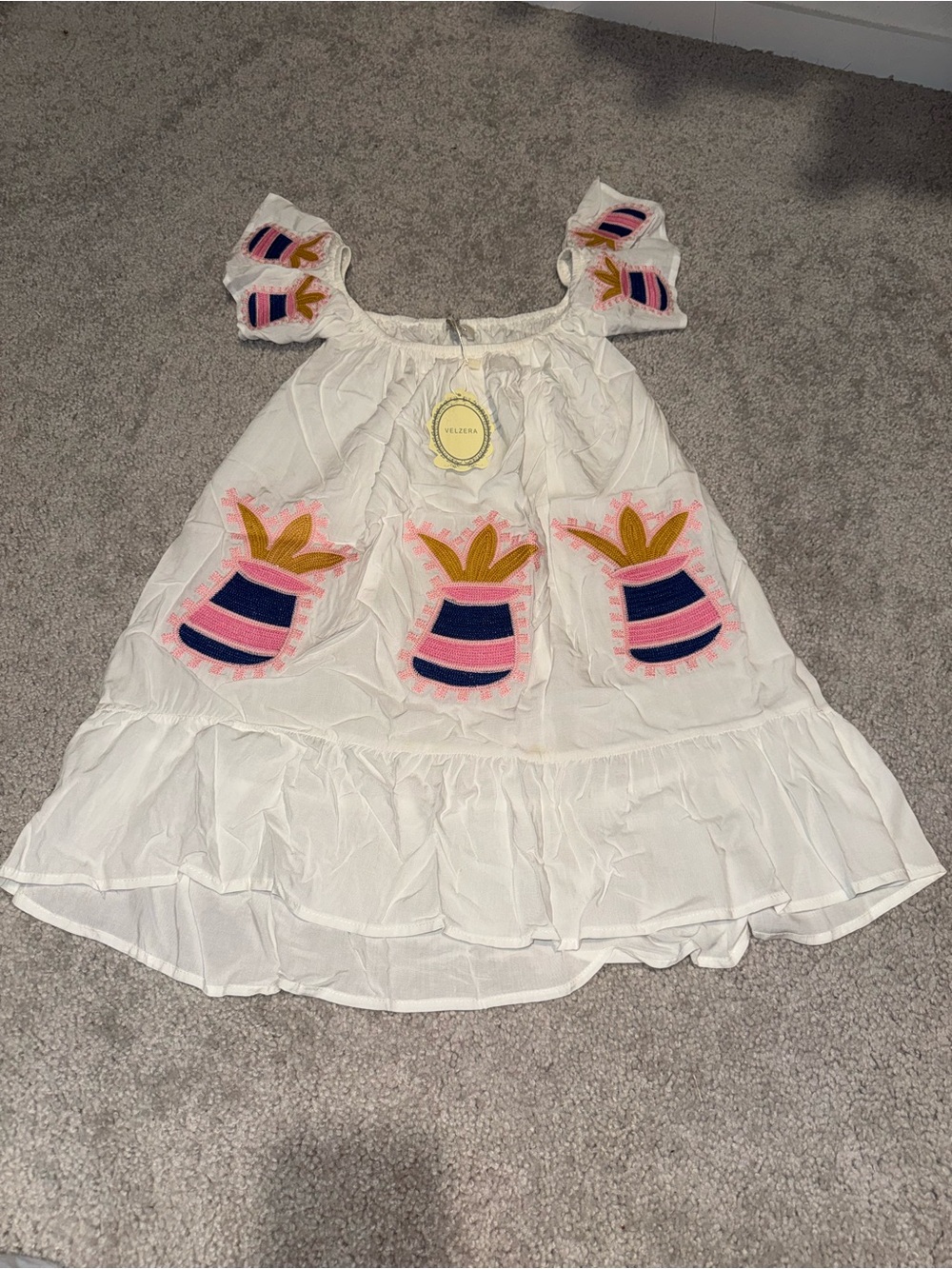 Velzera White Tiered Dress with Pink, Navy & Gold Pineapple Appliqués
